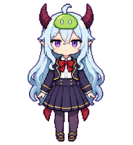 青い髪と角があり、頭の上に緑色の口のないスライムを乗せた、やまとーるちゃん